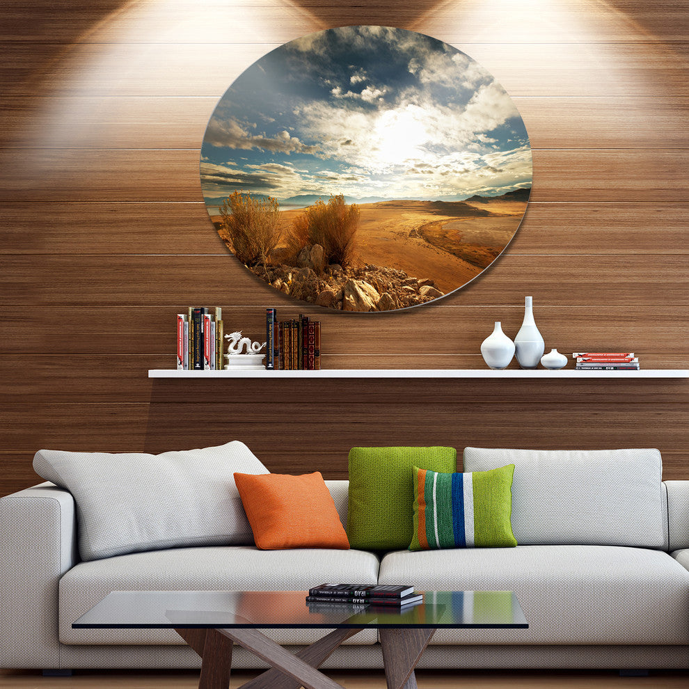 Prairie Under Heavy Clouds, Landscape Round Metal Wall Art, 11"