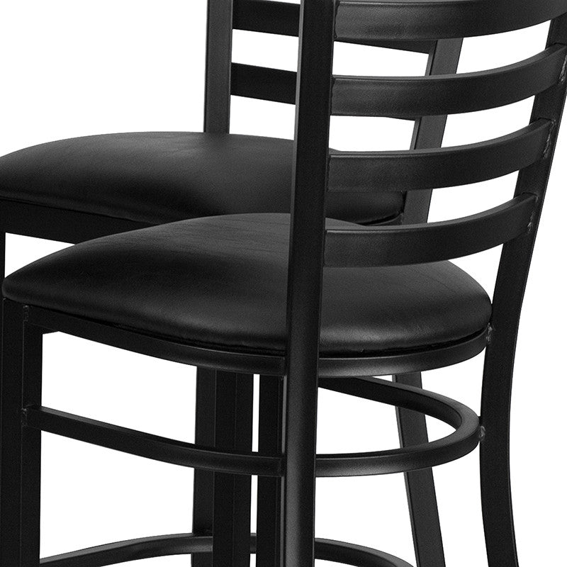 30'' Round Black Laminate Table, 4 Ladder Back Metal Barstools- Black Seat