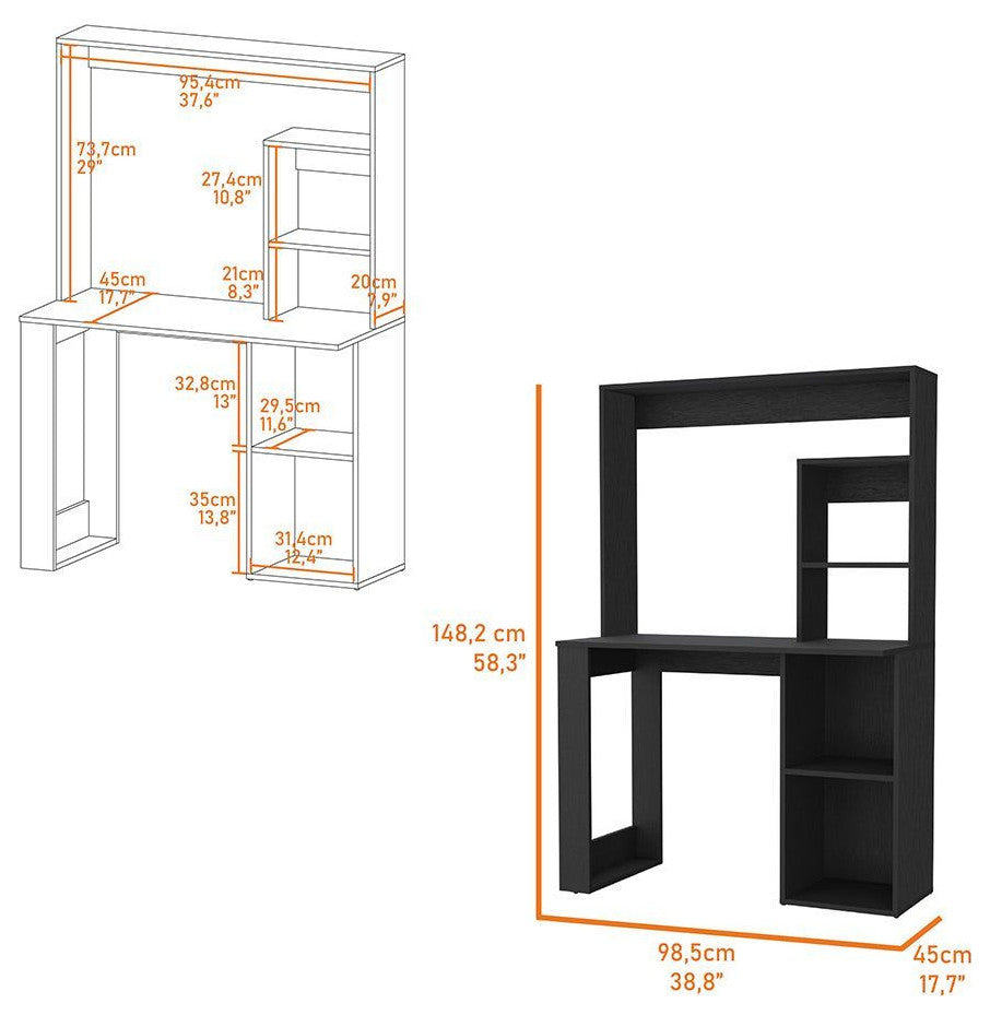 Carroll Computer Desk With Hutch and 5 Open Shelves, Black