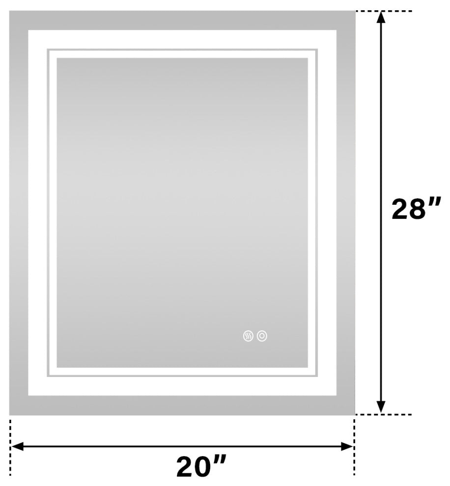 Frameless LED Lighted Bathroom Mirror With Defogger Dimmer, 20"x28"