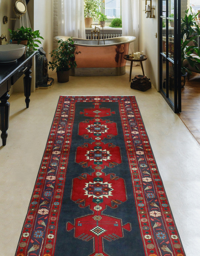 Fine Vintage Distressed Vidal Charcoal/Red Runner, 3'6 x 9'11