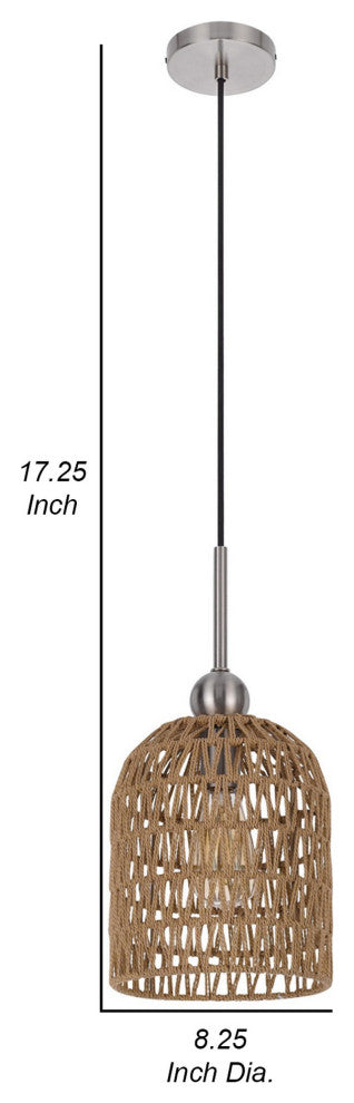 8 Inch Dia. Pendant Ceiling Light Fixture, Rope Woven Shade, Brown, Chrome