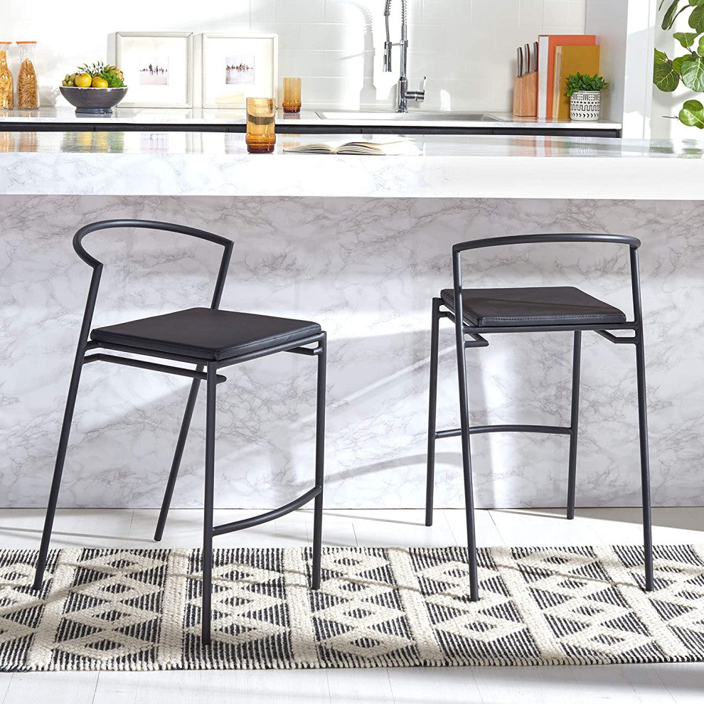 Set of 2 Counter Stool, Sleek Metal Frame & Square Vegan Leather Seat, Black