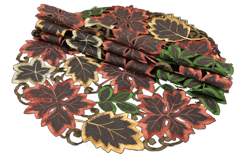 Dainty Leaf Embroidered Cutwork Harvest Placemats, 16" Round, Set of 4