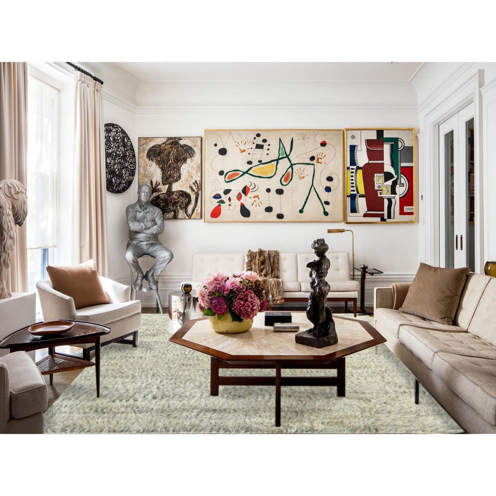 Gray, Undyed Natural Wool Hand Knotted, Shaggy Moroccan Rug, 7'7"x9'10"