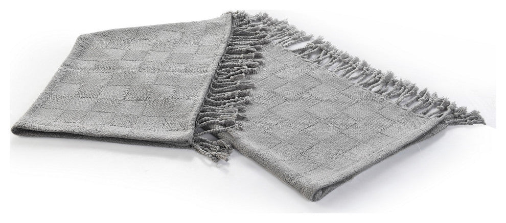 Checkered Weave Throw Blanket with Fringe, Light Gray
