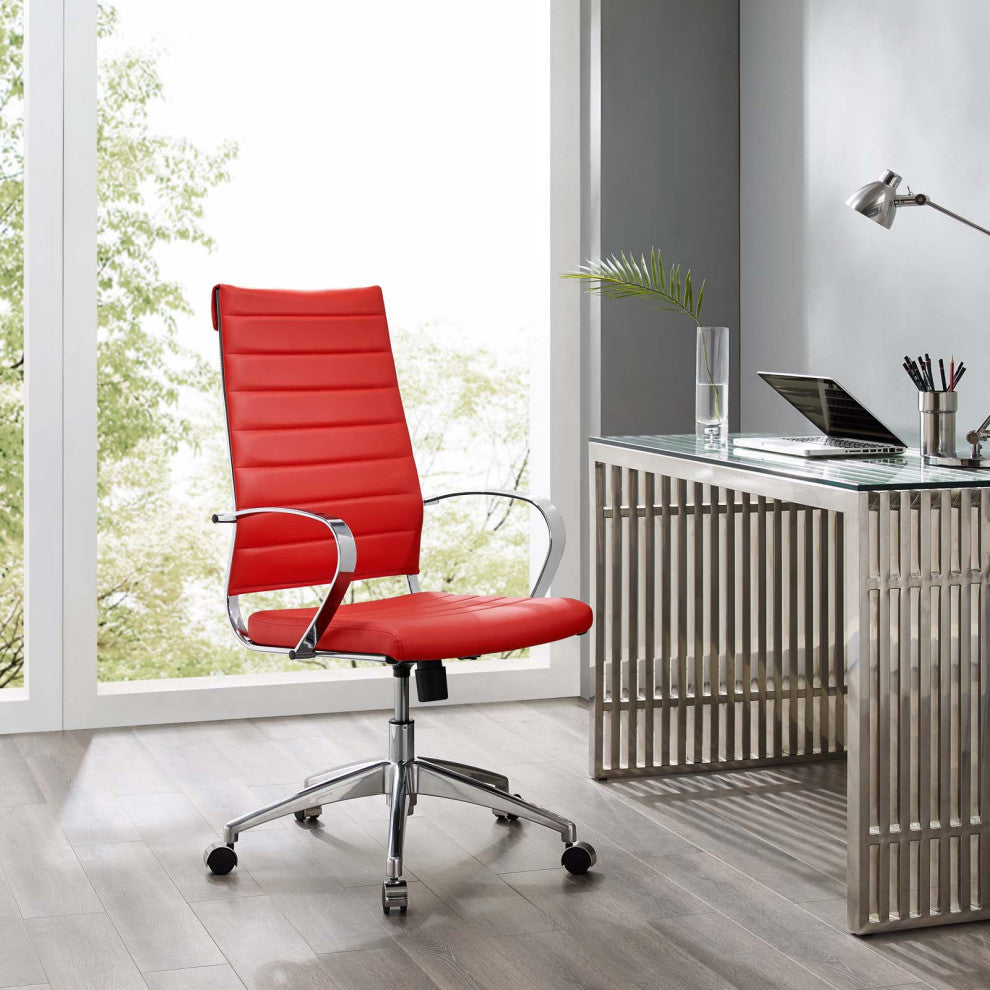 Computer Work Desk High Back Chair, Faux Leather, Red, Home Business Office