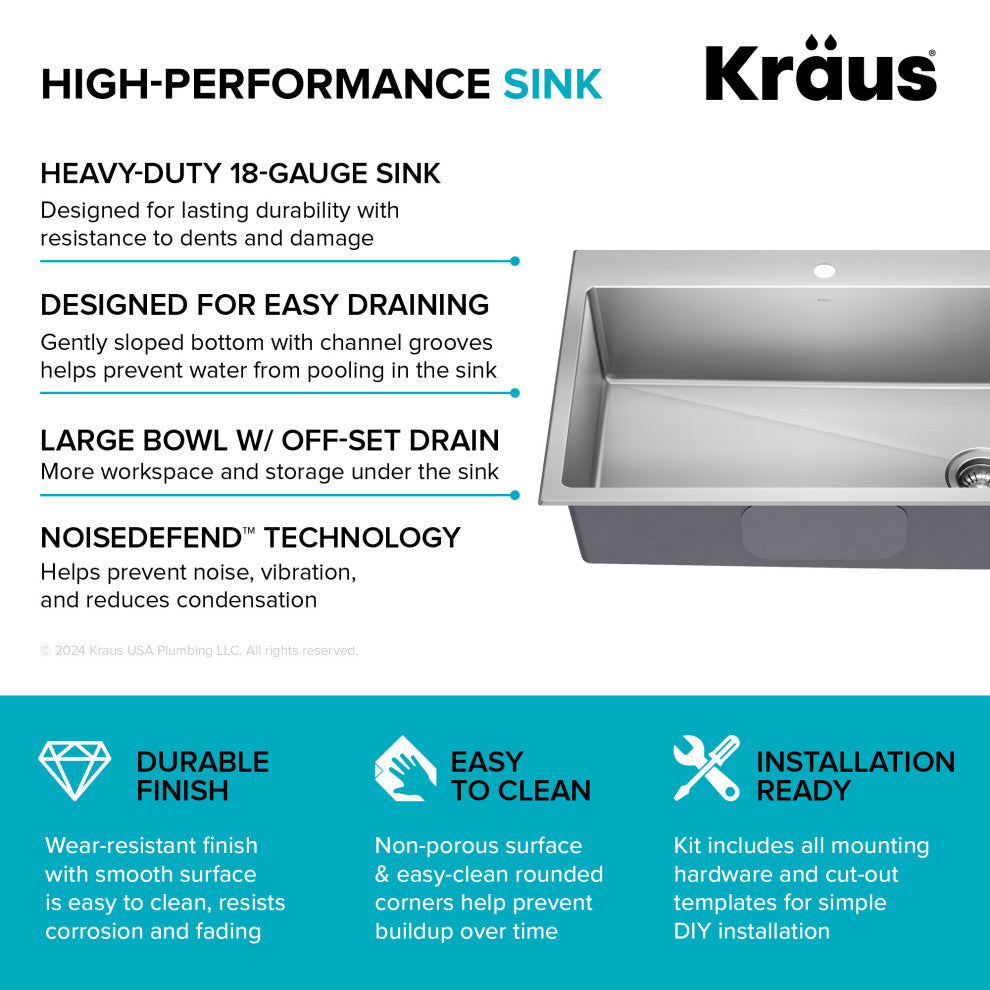 KRAUS Fairlane 33" Drop, / Top Mount 1-Bowl Stainless Steel Kitchen Sink