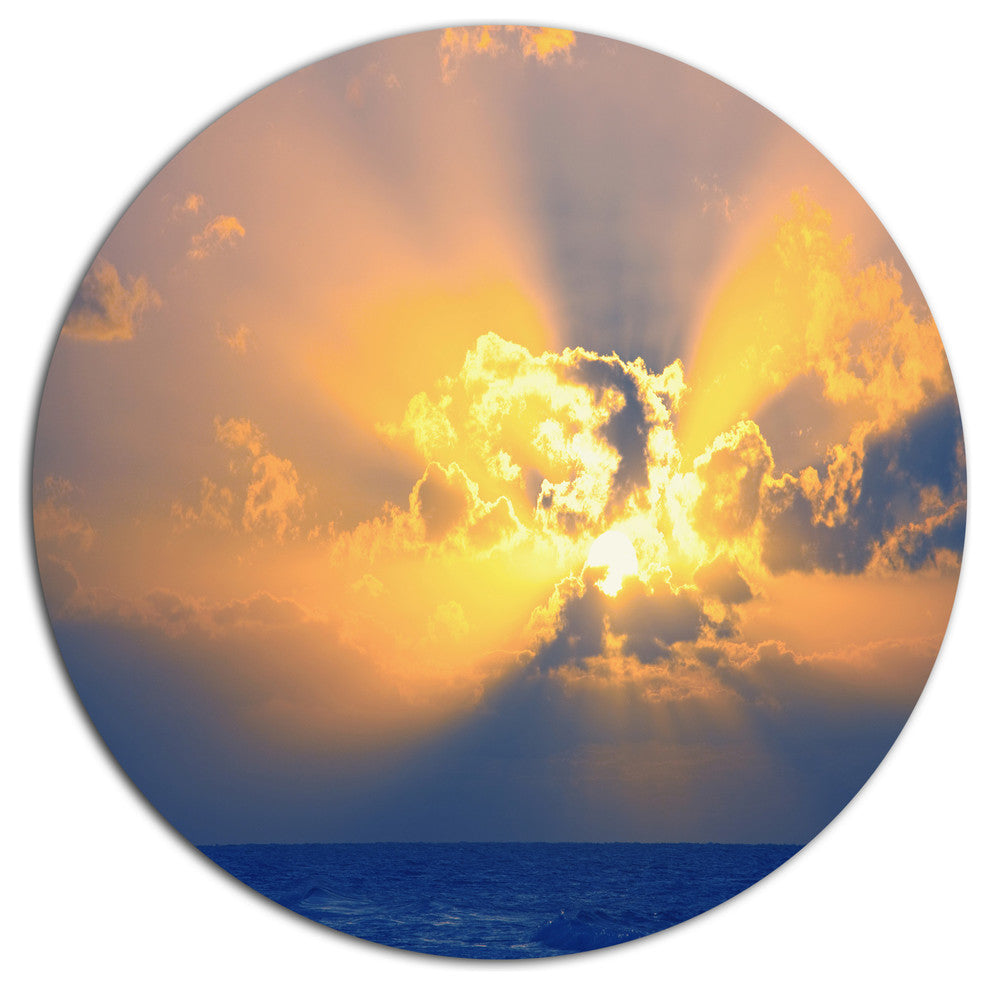Scenic Yellow Sunset In Ocean, Landscape Disc Metal Artwork, 11"