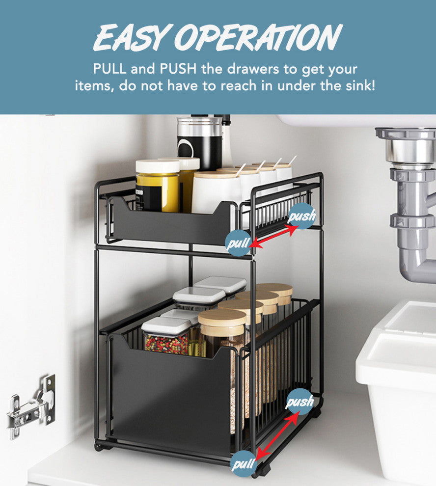 White Steel Under Sink Organizer and Storage, 2-Tier Countertop Sliding Rack