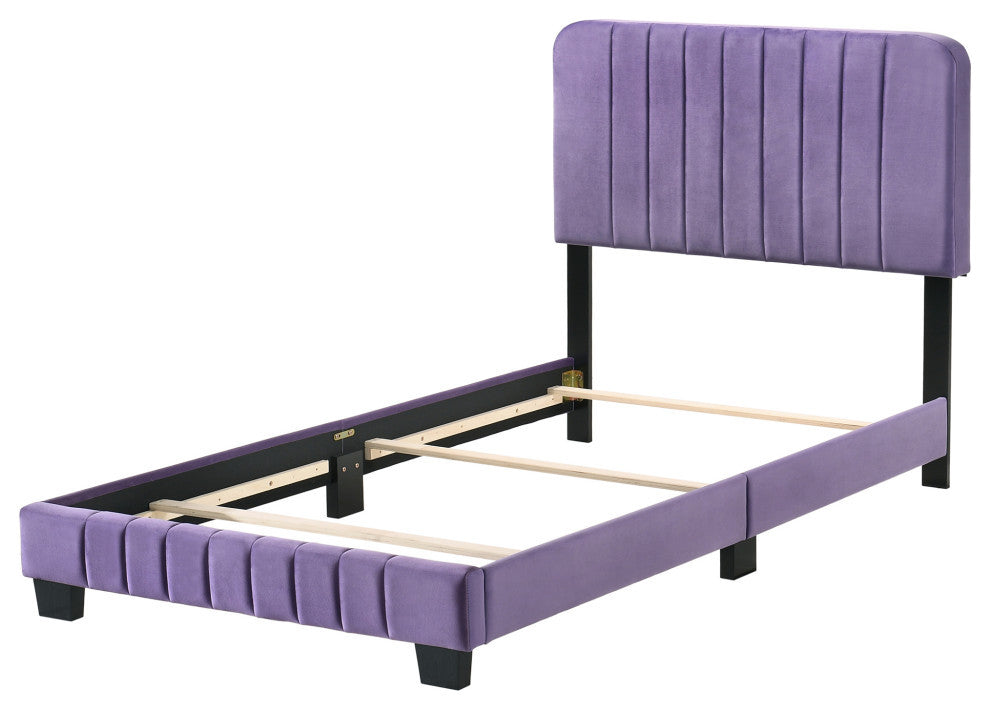 Lodi Velvet Upholstered Channel Tufted Twin Panel Bed, Purple