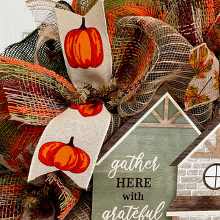Gather Here with Grateful Hearts Thanksgiving Harvest Wreath Handmade Deco Mesh