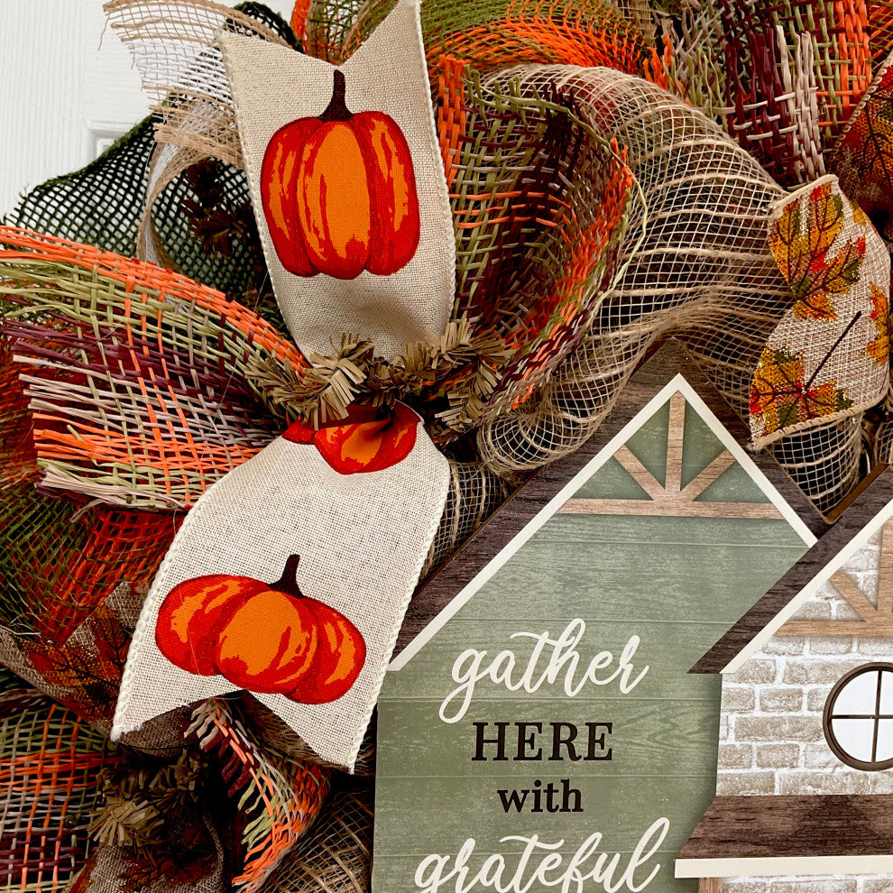 Gather Here with Grateful Hearts Thanksgiving Harvest Wreath Handmade Deco Mesh