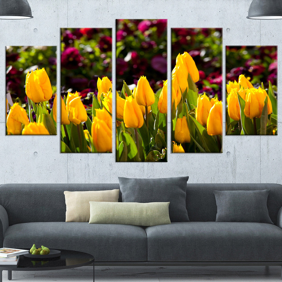 Beautiful Yellow Tulips Garden, Large Flower Canvas Art Print, 60"x32", 5 Panels