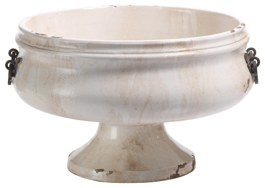 "Corsica" 16" Wide Ceramic Decorative Bowl with Iron Handle, Beige and White