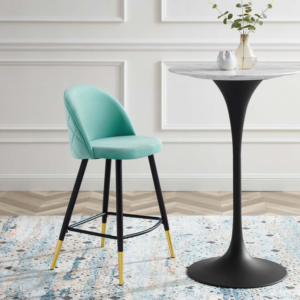 Counter Stool Chair, Set of 2, Velvet, Metal, Blue, Modern, Bar Pub Cafe Bistro