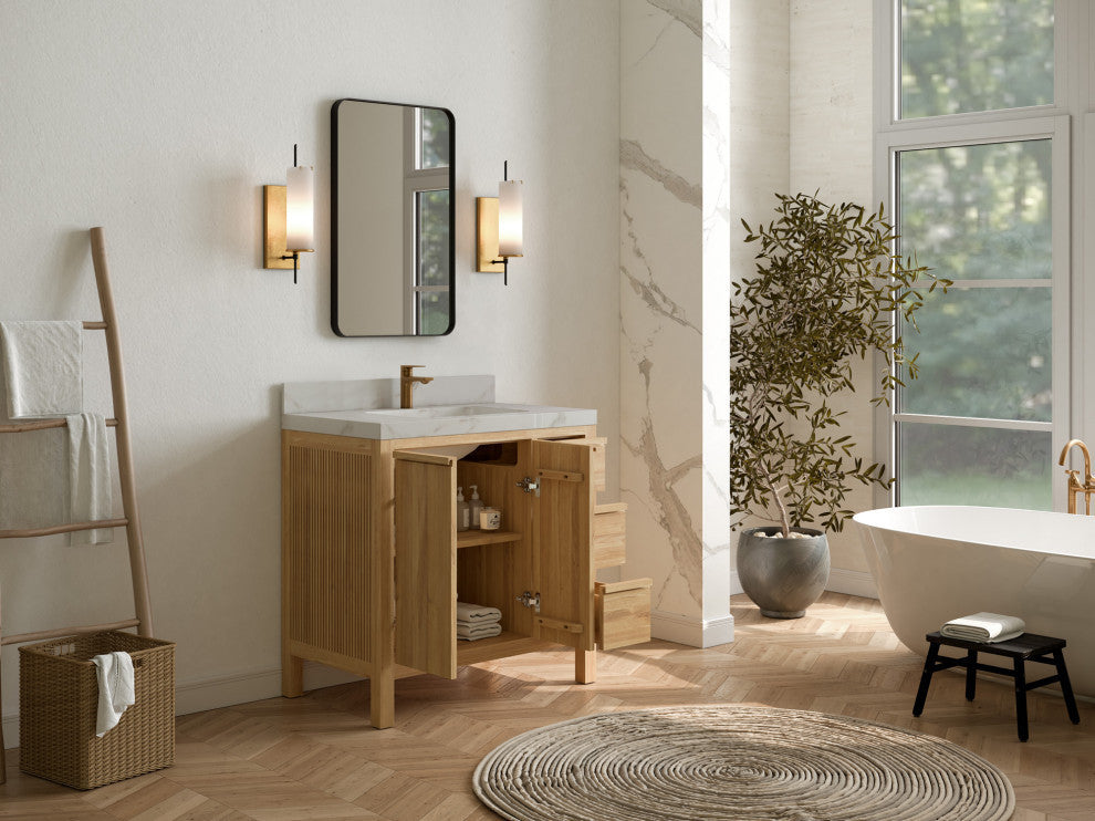 Elizabeth 36 Center Sink Bath Vanity in Light Natural Teak 2" Empira Quartz