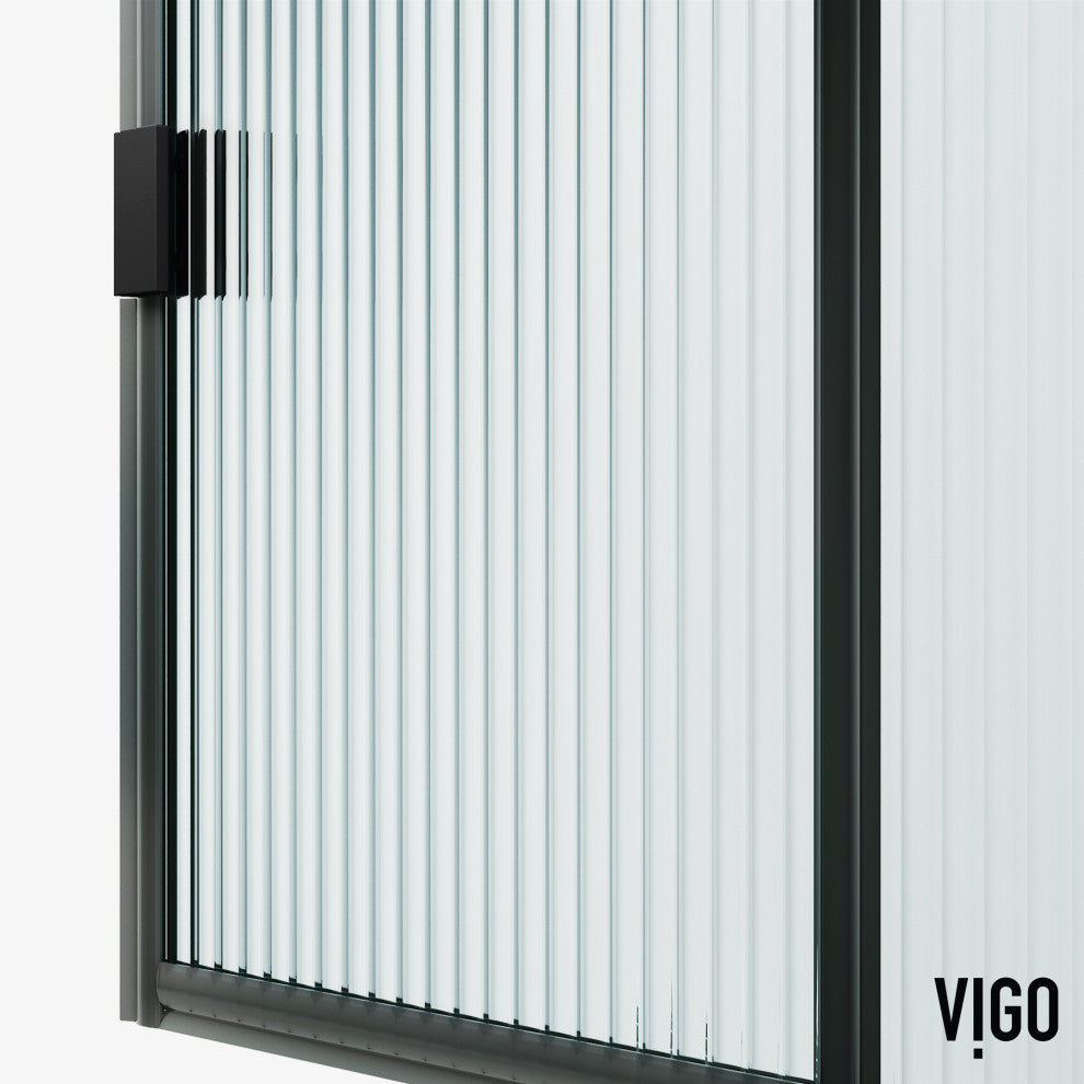 VIGO Arden 34" W x 78" H Framed Fixed Shower Screen, Grid, Fluted Glass, Matte Black