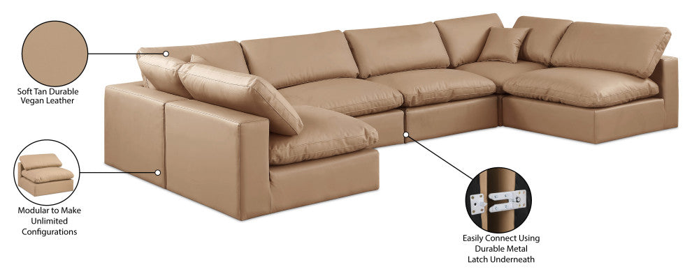 Comfy Upholstered U-Shaped Modular Sectional, Tan, 6-Piece: 4 Armless Chair, 2 Corner Chair, Vegan Leather