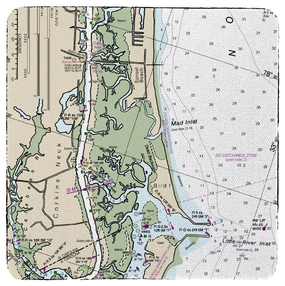 Sunset Beach, NC Nautical Map Coaster - 3 Sets of 4 (12 Total) Set of 4