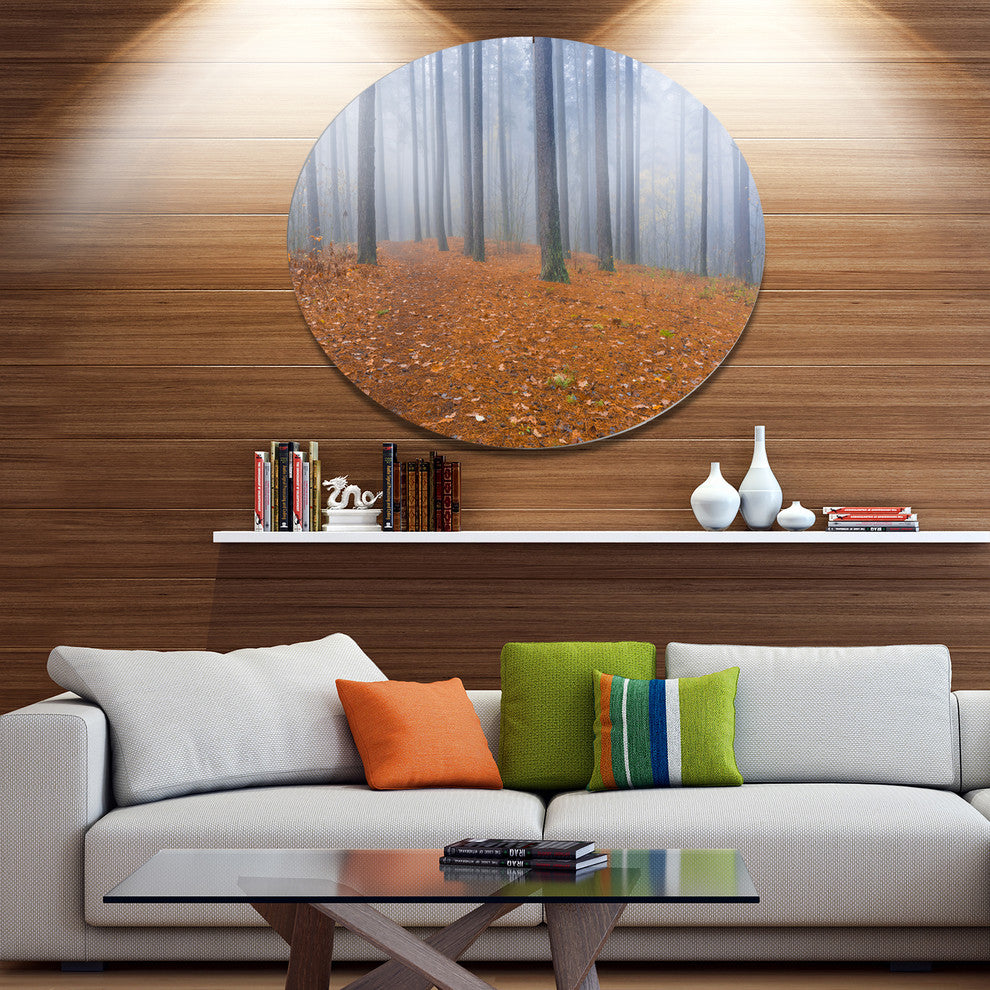 Foggy Dense Forest In Autumn, Modern Forest Disc Metal Wall Art, 23"