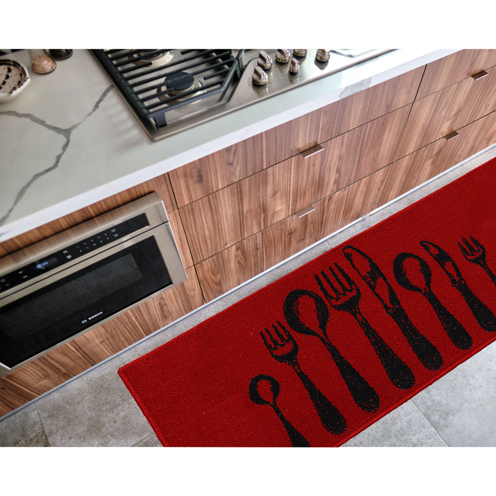 Wool-Effect Kitchen Mat With Chic Cutlery Print, Red, 48x20