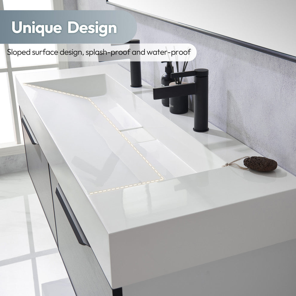 Vera Composite Granite Stone Console Bath Vanity Sink, White, 60"l X 19.7"w