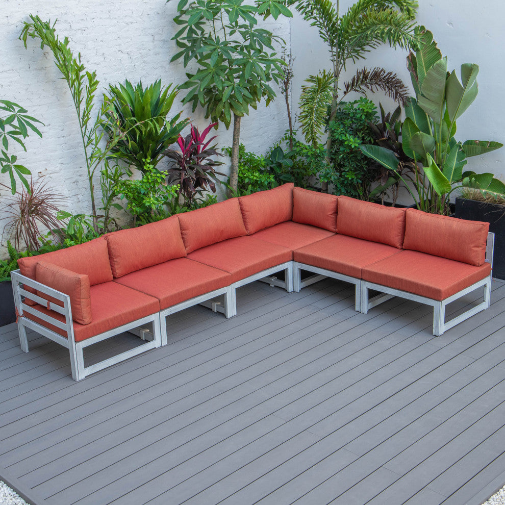 LeisureMod Chelsea 6-Piece Patio Sectional, Weathered Gray Aluminum, Orange