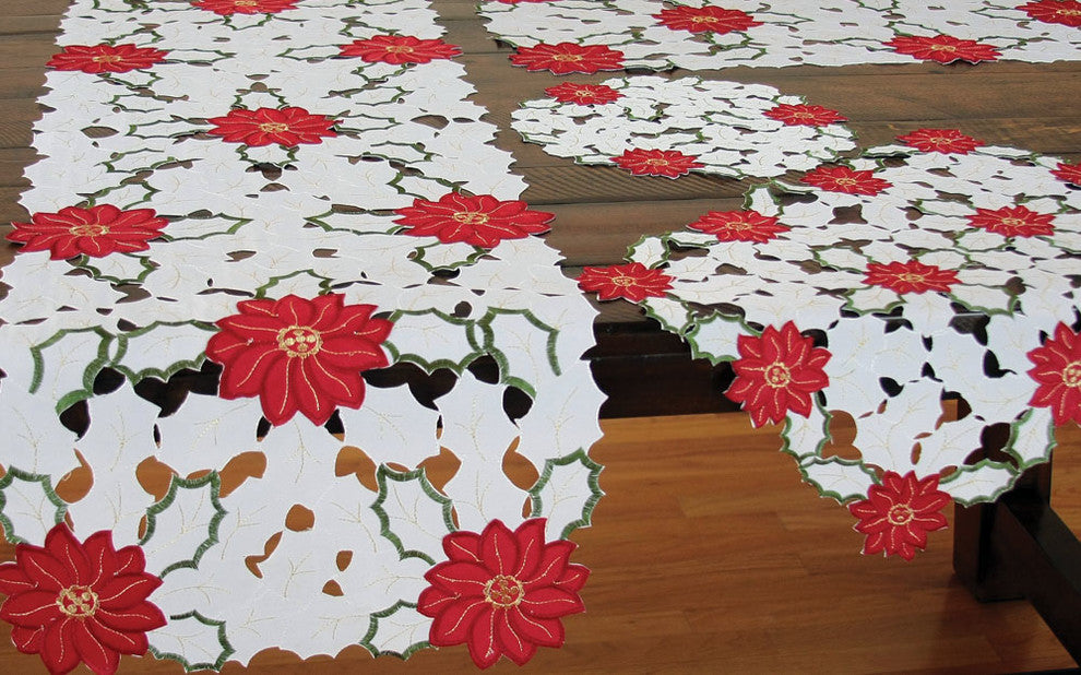 Holiday Poinsettia Embroidered Cutwork Table Runner, 15x54