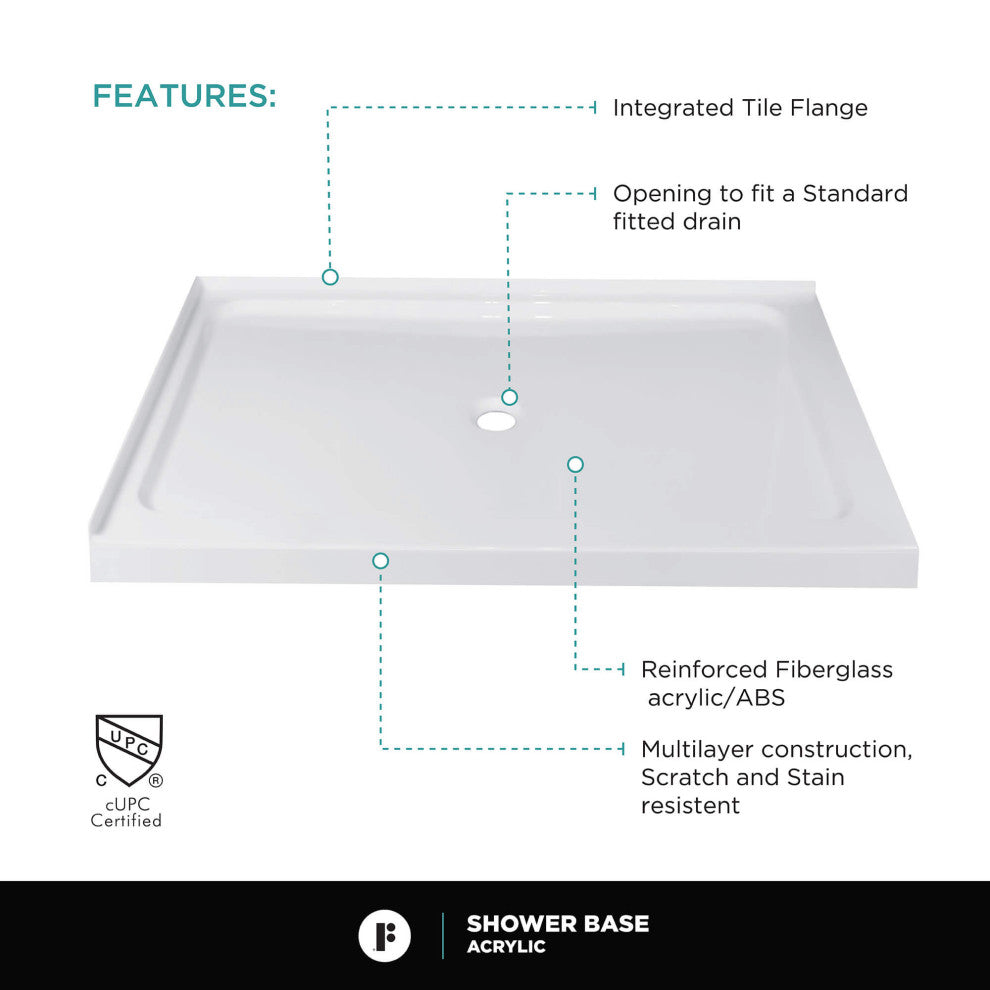 Fine Fixtures Double Threshold Acrylic Shower Base, 48 X 36, Right Hand
