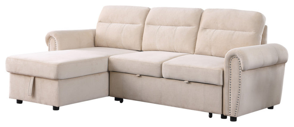 Ashton Velvet Fabric Reversible Sleeper Sectional Sofa Chaise, Beige