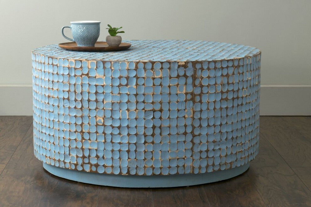 East at Main Cummings Blue Coconut Shell Inlay Round Coffee Table