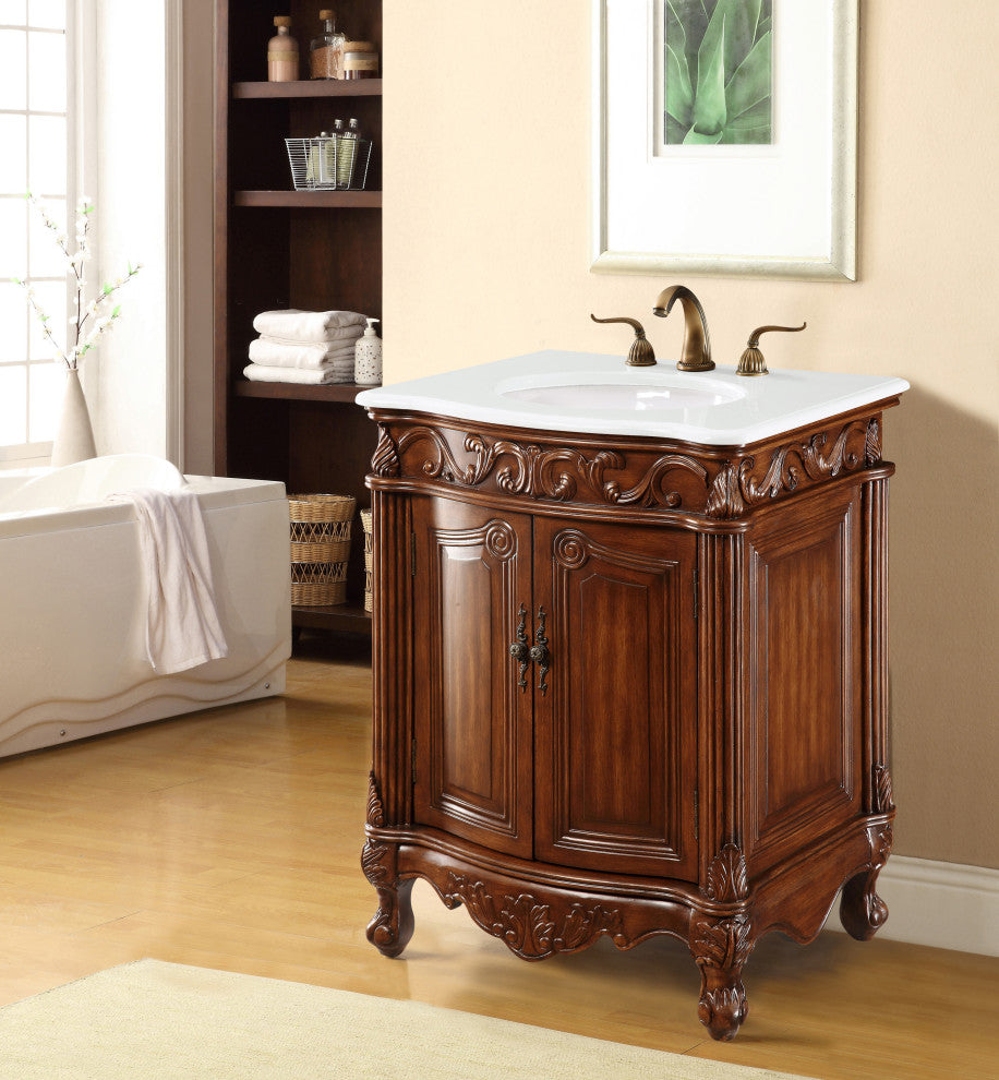 27" Single Bathroom Vanity, Antique Beige With ivory white engineered marble, Teak, Ivory White Engineered Marble Top