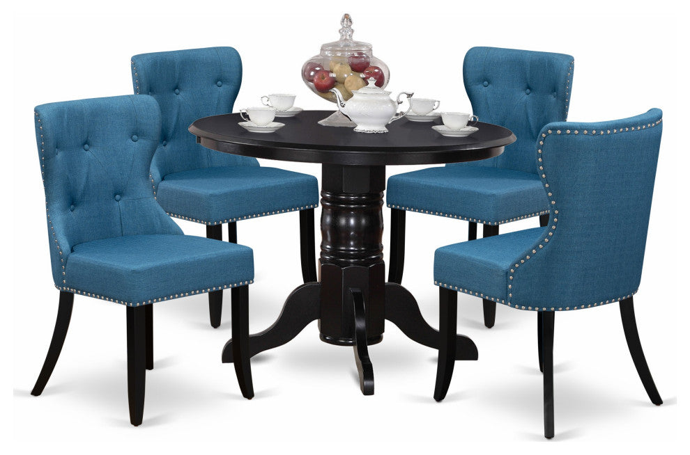 A Dining Set Of 4 Chairs, Mineral Blue Color, 42" Round Table Using Black Color