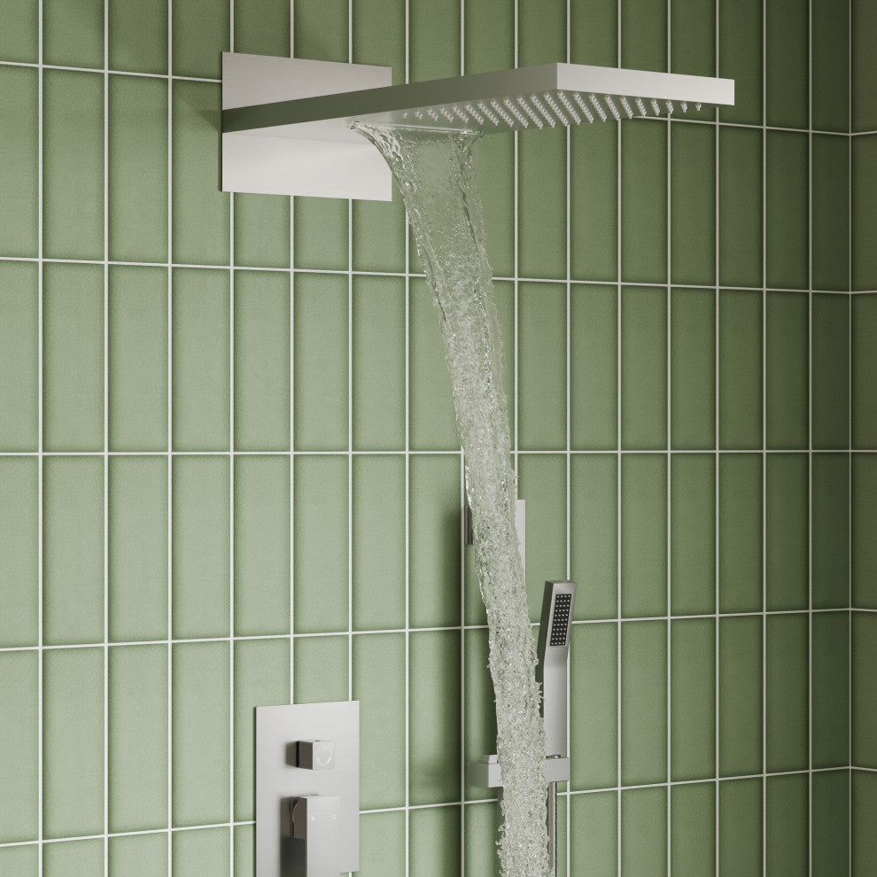 Dual-Function Waterfall & Rainfall Shower Faucet Set With Rough-In Valve, Brushed Nickel