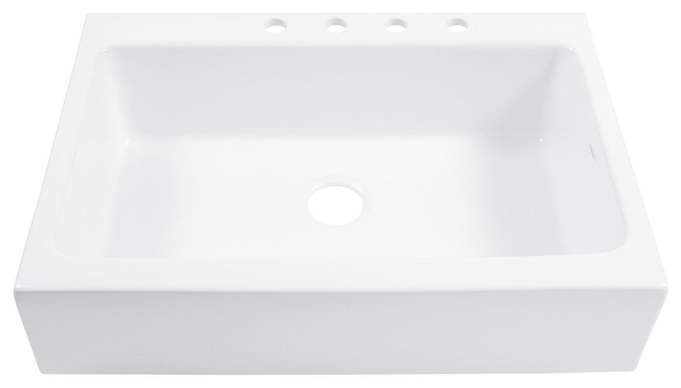 Parker White Fireclay 34" Single Bowl Quick-Fit Drop-In Kitchen Sink, 4 Holes