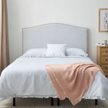 Curved Upholstered Headboard with Linen Upholstery and Silver Nailhead Trim, Light Gray, King