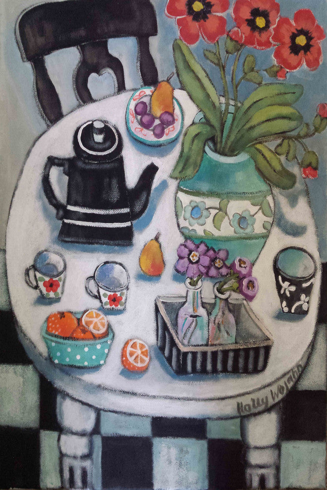 "Fruit and Flowers on White Table" Painting Print on Wrapped Canvas