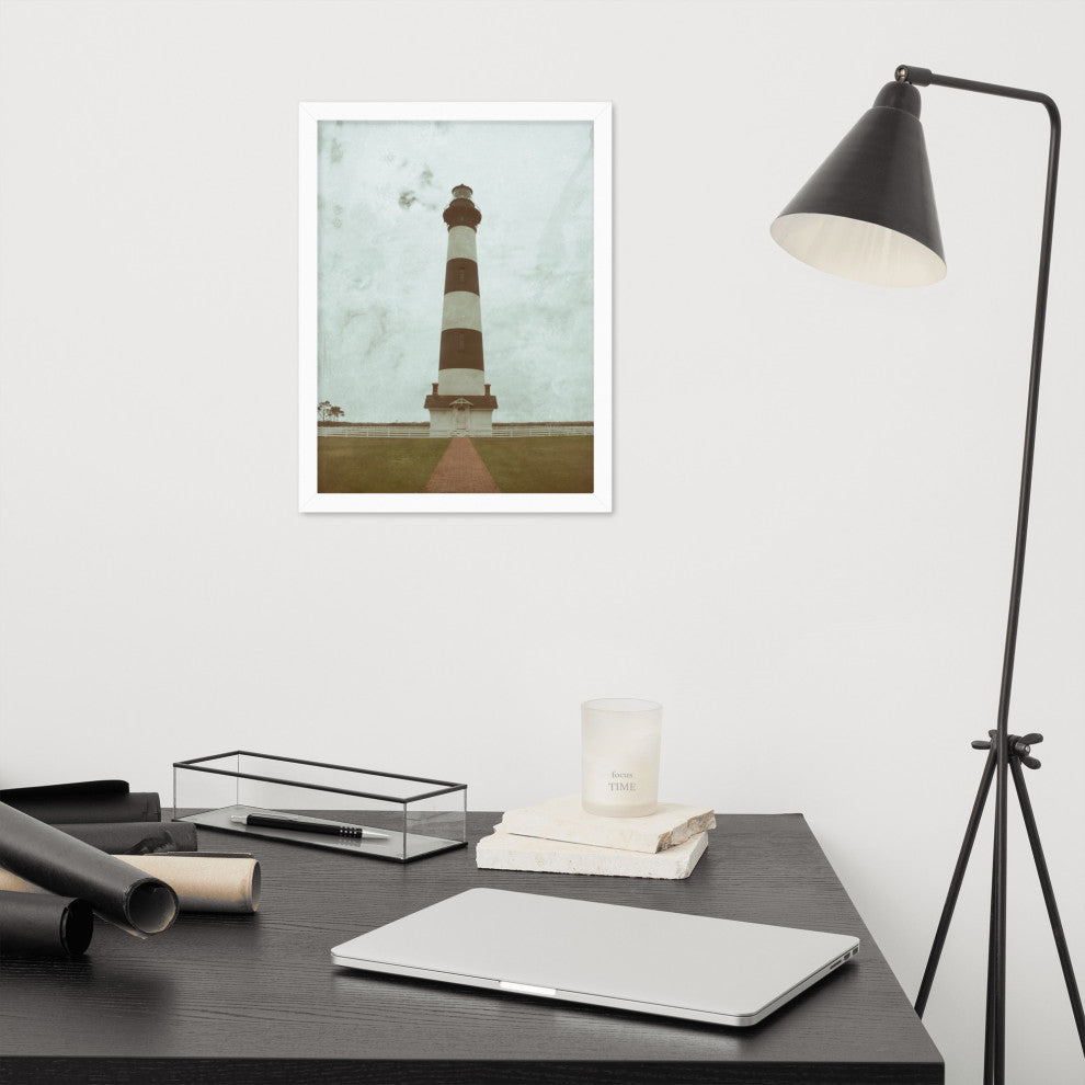 Aged Bodie Lighthouse Landscape Framed Photo Paper Wall Art Prints, White, 12" X 16"