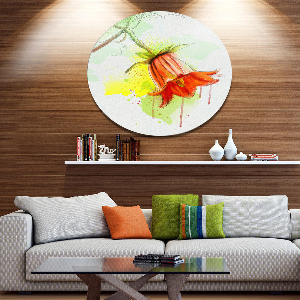 Red Bellflower Sketch Watercolor, Floral Round Metal Wall Art, 11"