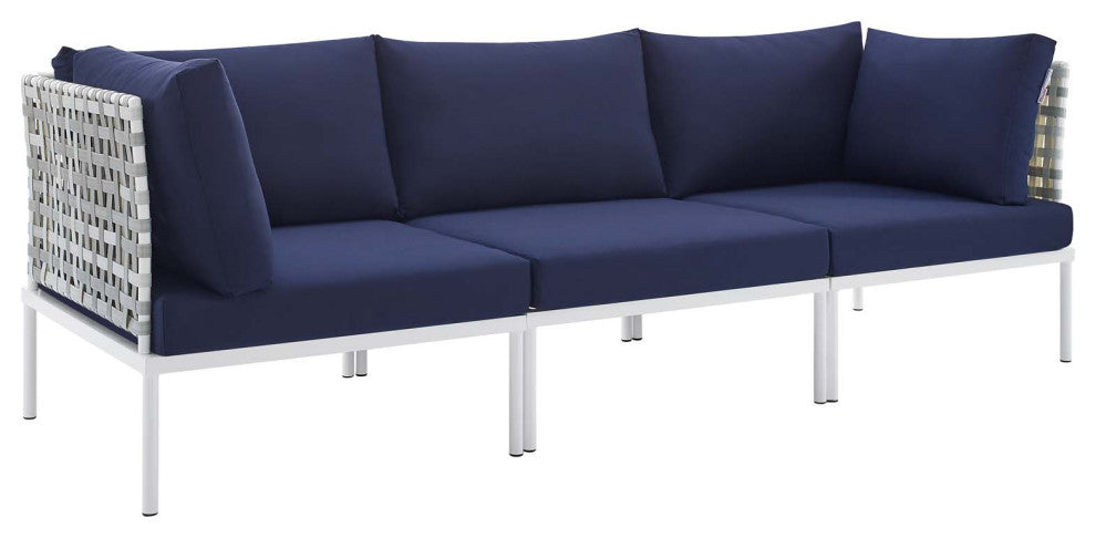 Harmony Sunbrella Basket Weave Outdoor Patio Aluminum Sofa, Taupe Navy