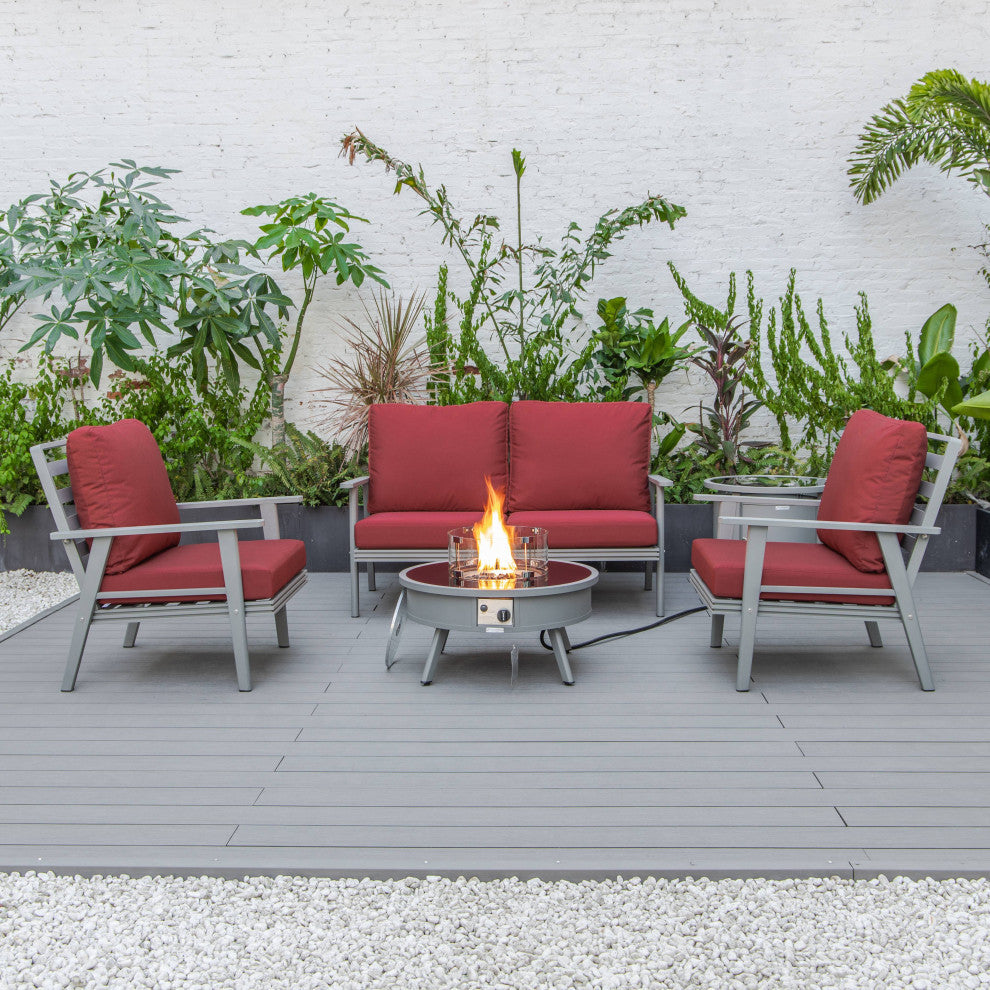 LeisureMod Walbrooke Grey Patio Sofa Set With Round Fire Pit Table, Red