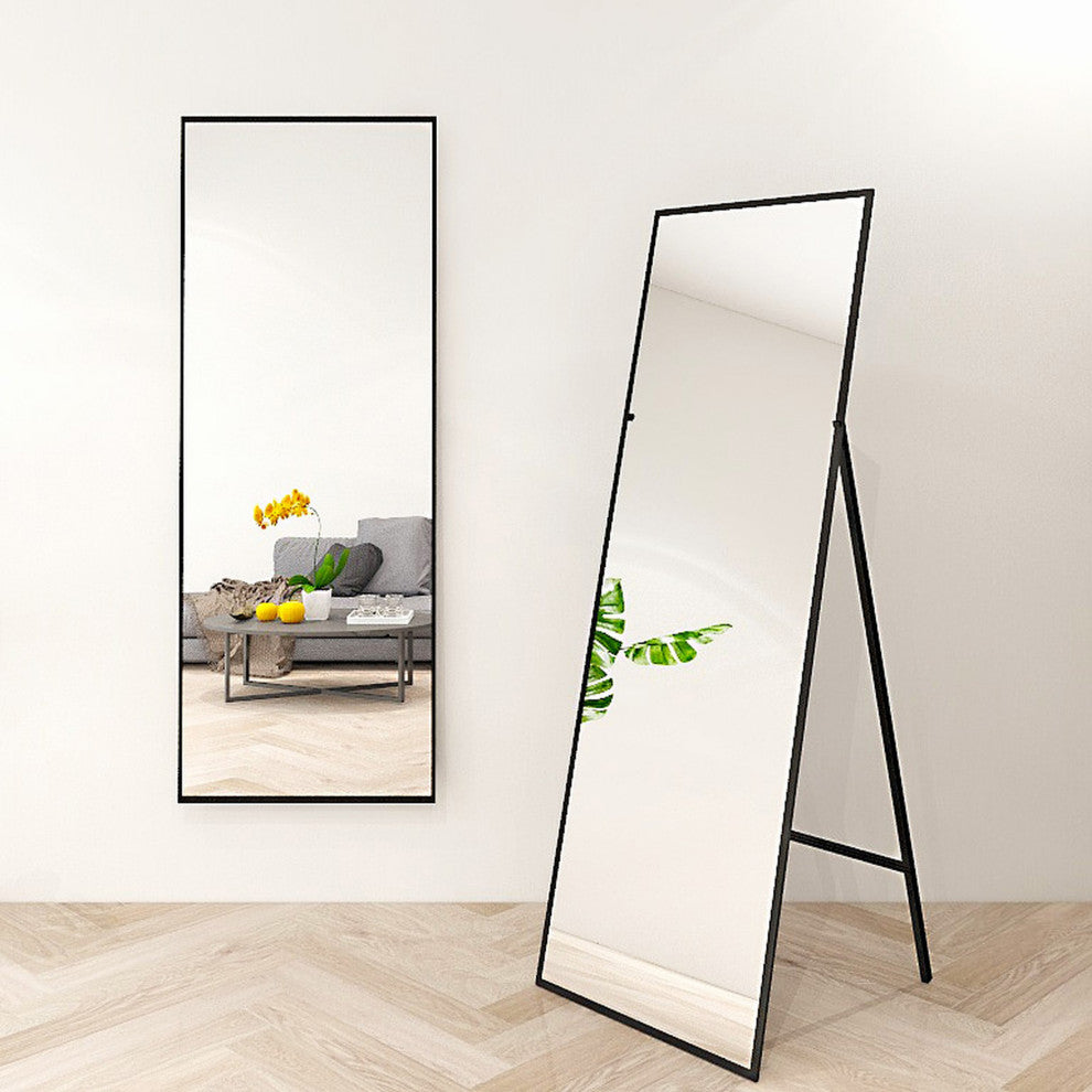 65 inch Rectangular Aluminum Framed Floor Wall Hanging Bedroom Mirror, Black, 22