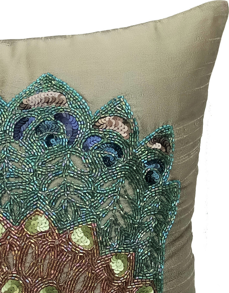 Green Decorative Euro shams 26"x26" Silk, Taupe Green Peacock