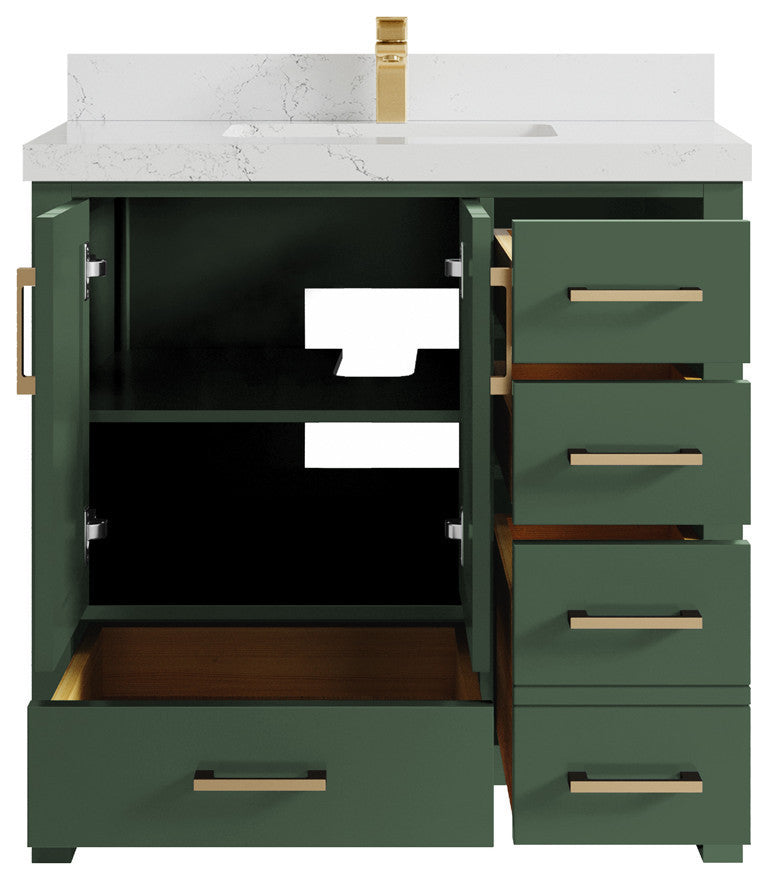 Malibu 36 Center Sink Bath Vanity in Lafayette Green 2" Empira Quartz