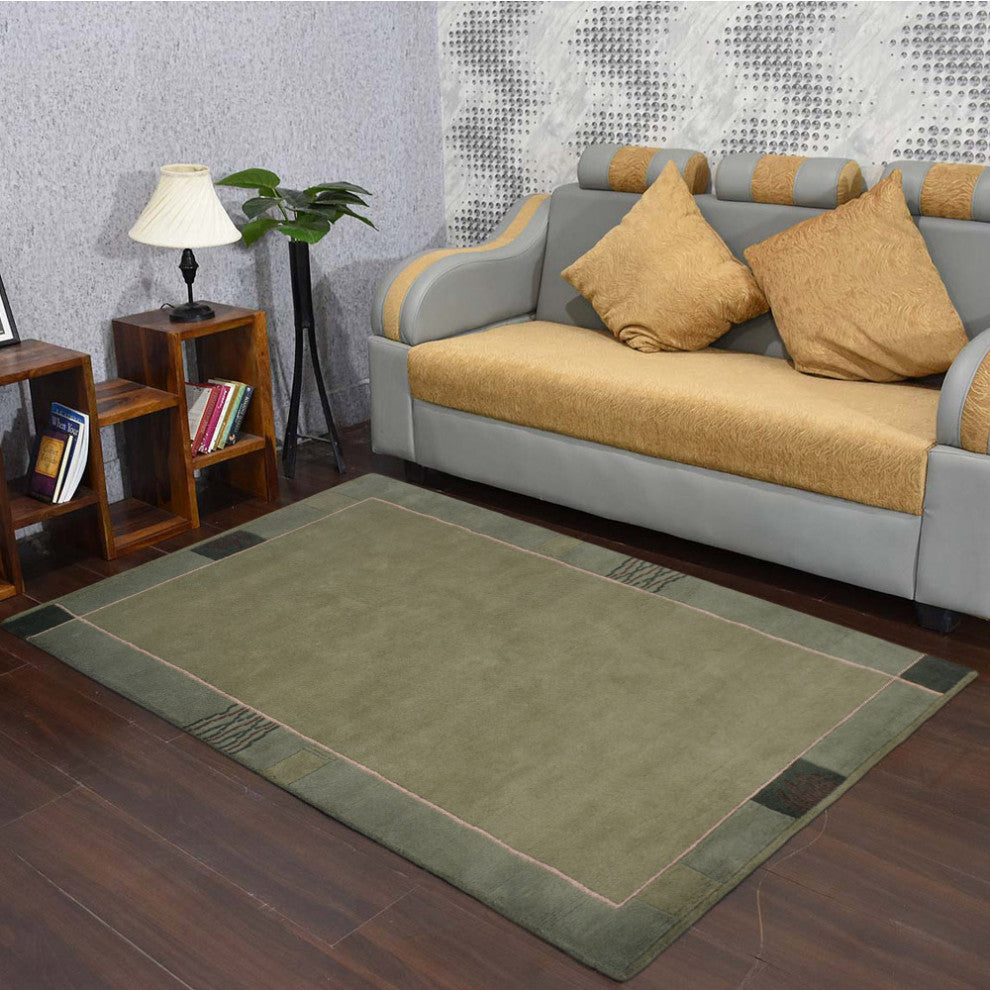 Hand Knotted Tibbati Wool Area Rug Contemporary Green