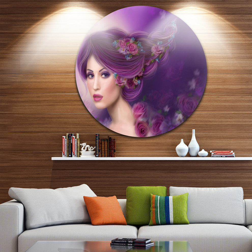 Woman With Purple Hair, Portrait Digital Art Round Metal Wall Art, 23"