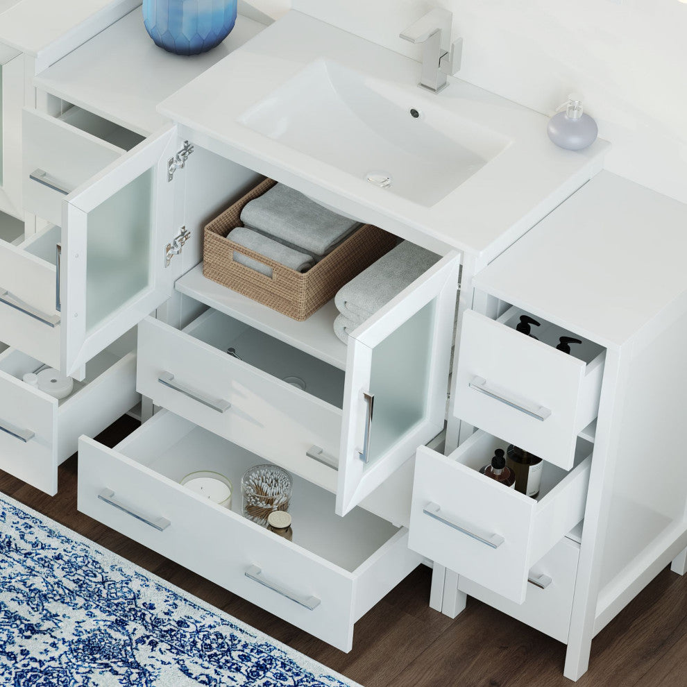 The Pullman Bathroom Vanity, White, 96", Double Sink, Freestanding