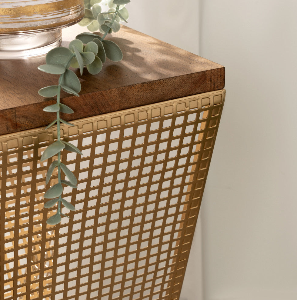 Elita Wood and Metal Pedestal End Table, Rustic Brown/Satin Gold 10x10x30