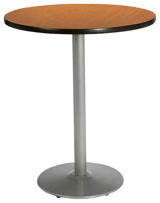 KFI 36" Round Bar Height Breakroom Table - Medium Oak Finish - Round Silver Base